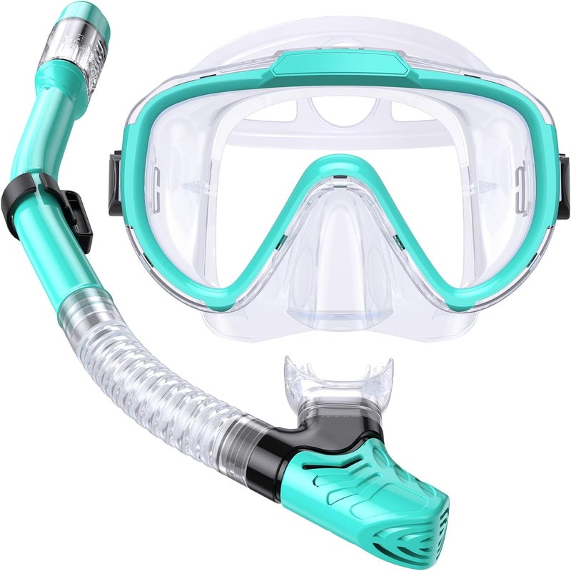 Seovediary Kids Snorkel Set, Anti-Fog Panoramic Tempered Glass Kids Snorkel mask, Anti-Leak Scuba Diving Mask with Mesh Bag, Dry Top Snorkeling Gear for Kids and Youth Age 4-16 - Image 1